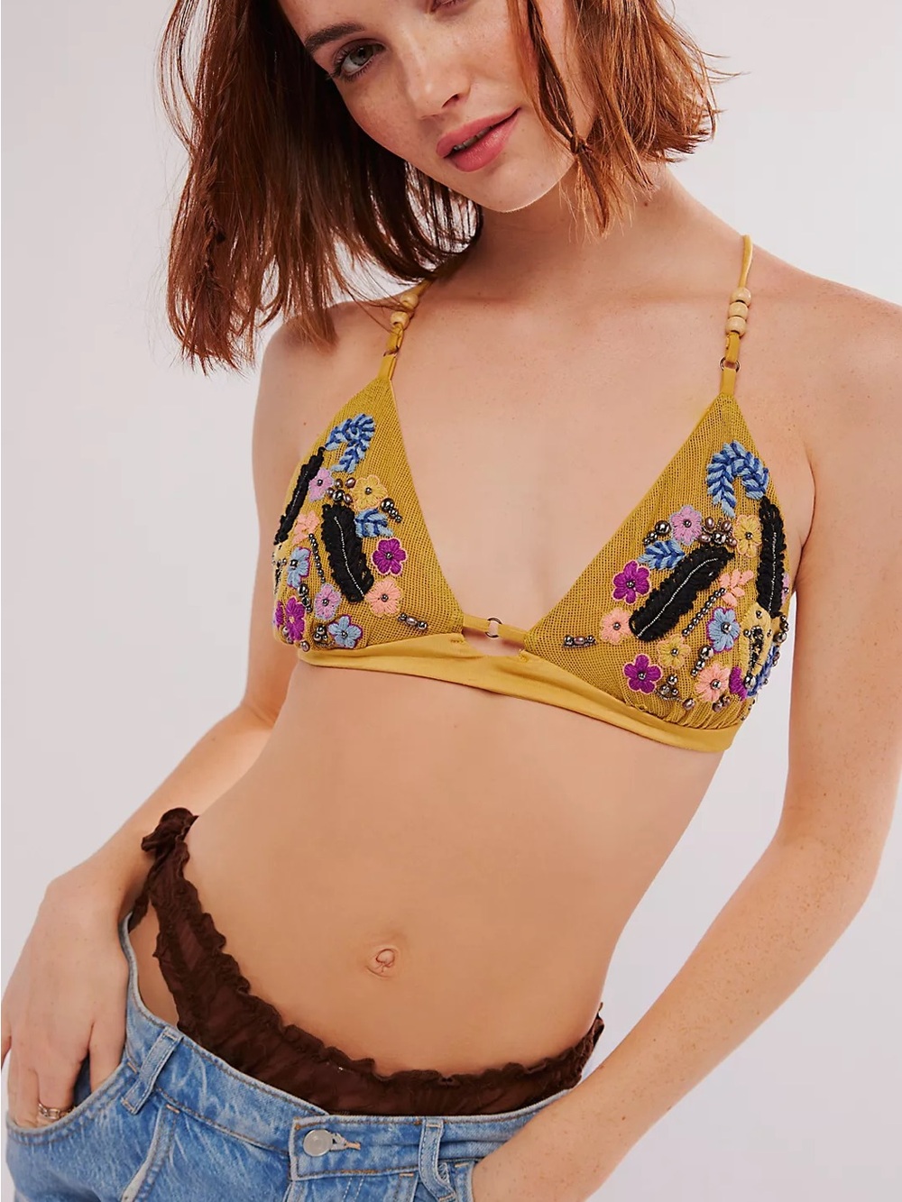 FREE PEOPLE Calla Embellished Triangle Bralette Mustard Embroidered small